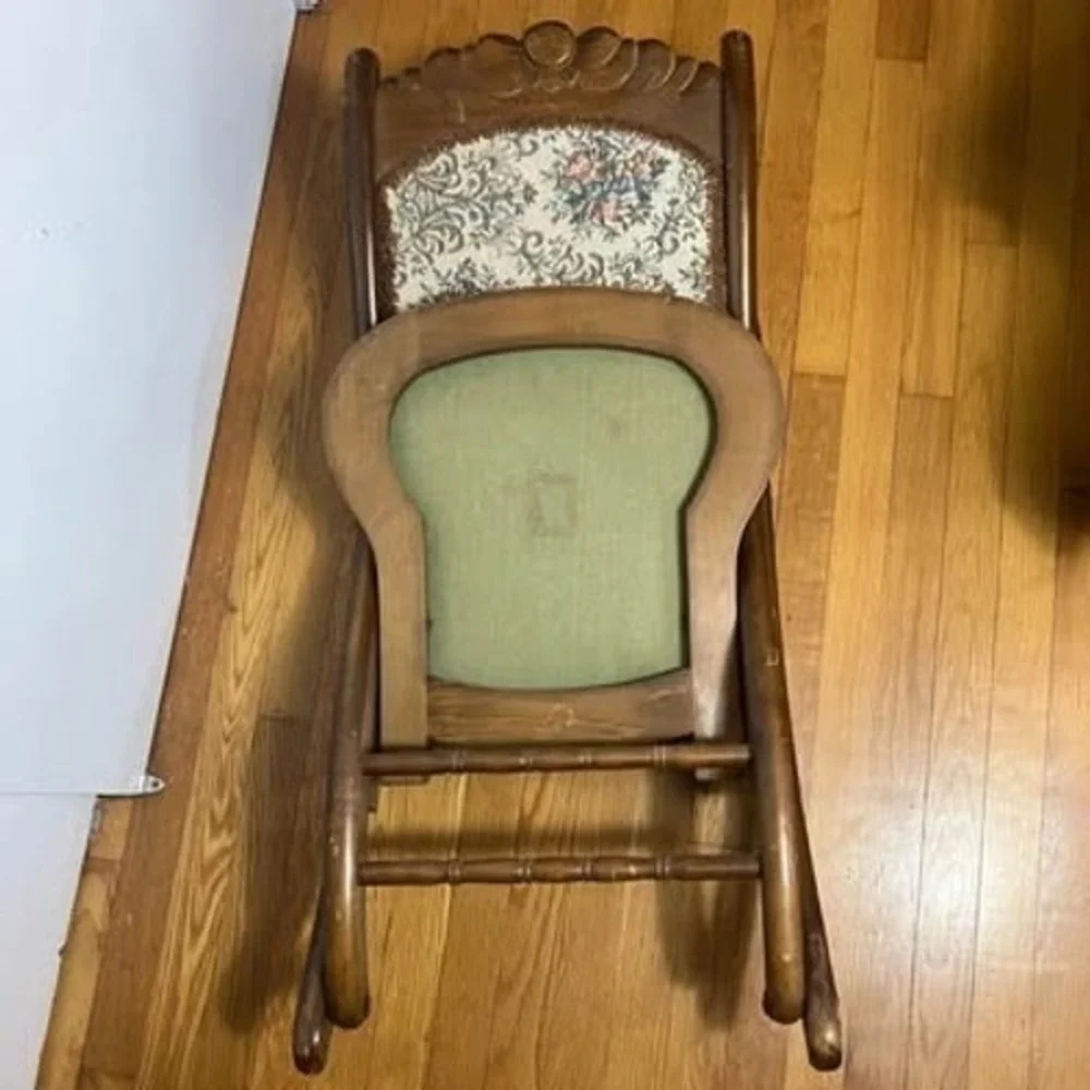 Vintage Folding Rocking Chair Wood Carved Floral Tapestry Upholstered Portable